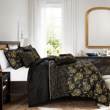 7-Piece Black Gold Floral Embroidery Print Comforter Set