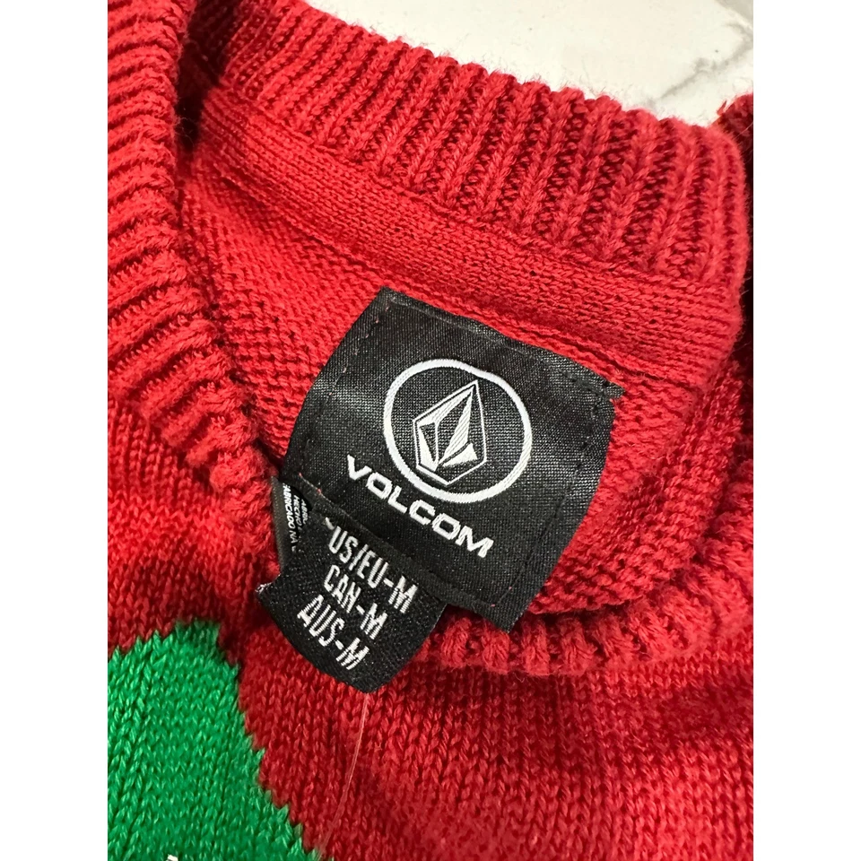 Volcom Mens Red Christmas Sweater Santa Hat Sunglasses Beard Ugly Holiday Knit M - Image 3 of 4