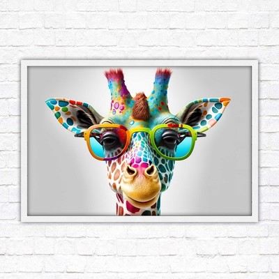Giraffe in Sonnenbrille. Bunte Wandbilder. Gerahmtes Bild mit Rahmenwahl.