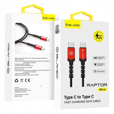 Raptor Usb-c auf Usb-c Pd 60w 3a Kabel 3m Schwarz-rot Schnellladen