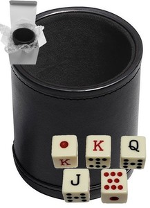 16mm Spanish Poker Dice Ivory Tone + PU Leather Black Felt Lined Dice Cup Boxed