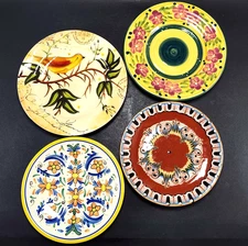 4 Mismatched Decorative Plates Yellow Blue Green Brown Boho Maximalist Spanish