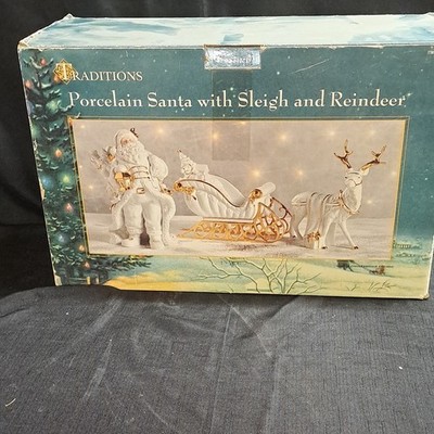 Traditions Porcelain Santa Sleigh Reindeer  Gold Christmas Seasonal EXCELLENT 