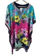 Trina Turk Theodora Caftan sz XS/S Silk Floral Aqua Pin Navy Coverup Dress Tunic
