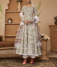 Handblock Printed Green Cotton Anarkali Kurta Set with Trousers Dupatta Plus S