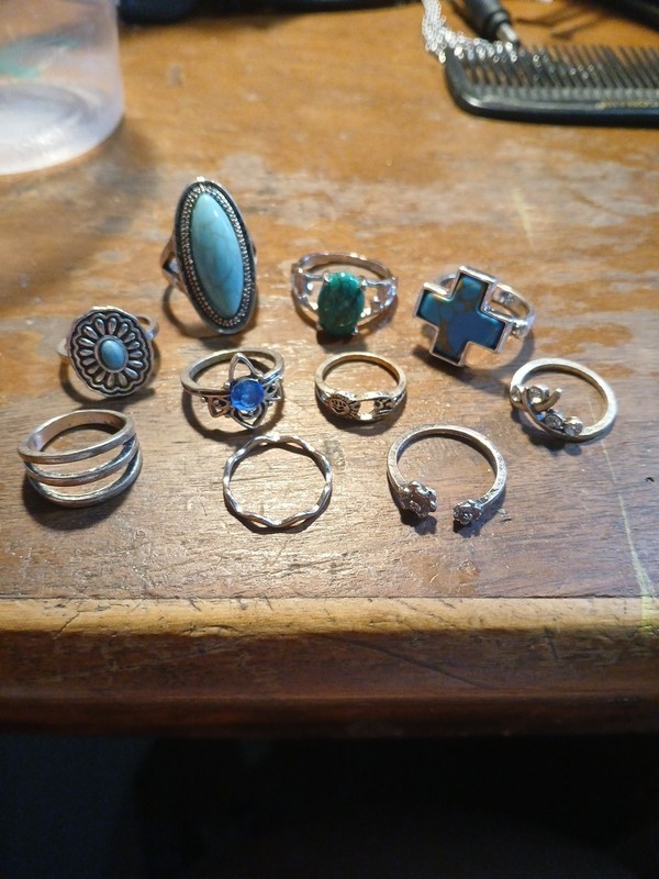 Lot Of 10 Turquoise And Silver Colored Rings, Costume Jewelry Native...