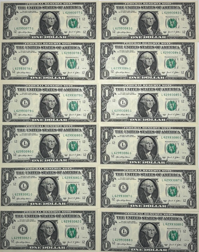 12 Sequential Serial #'S - $1.00 BILLS | UNCIRCULATED | ALL MISCUT & MISALIGNED - Image 2 of 4