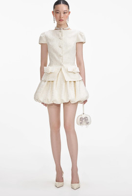 self-portrait - Cream Boucle Bow Detail Mini Dress - Size US12 - MSRP $585 - NWT