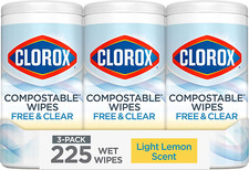 Free  Clear Compostable Cleaning Wipes, Light Lemon Scent, 75 Count, Pack of 3