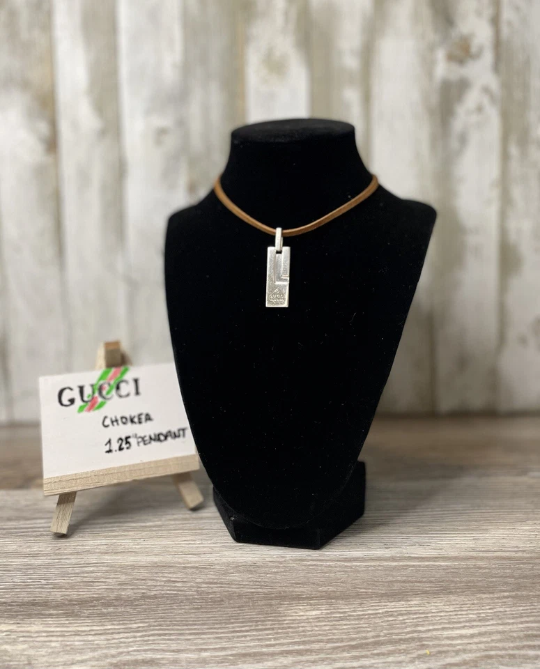 Gargantilla de cuero vintage Gucci G placa en relieve plata 925 colgante cadena collar Foto 4 de 4
