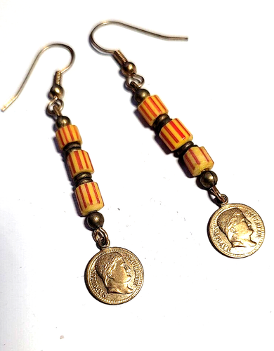 Yellow Antique African Venetian Trade Bead & Napoleon GP Brass Dangle Earrings - Picture 2 of 9