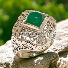Green Onyx Square Cut Gemstone With 925 Sterling Silver Ring For Men's #742