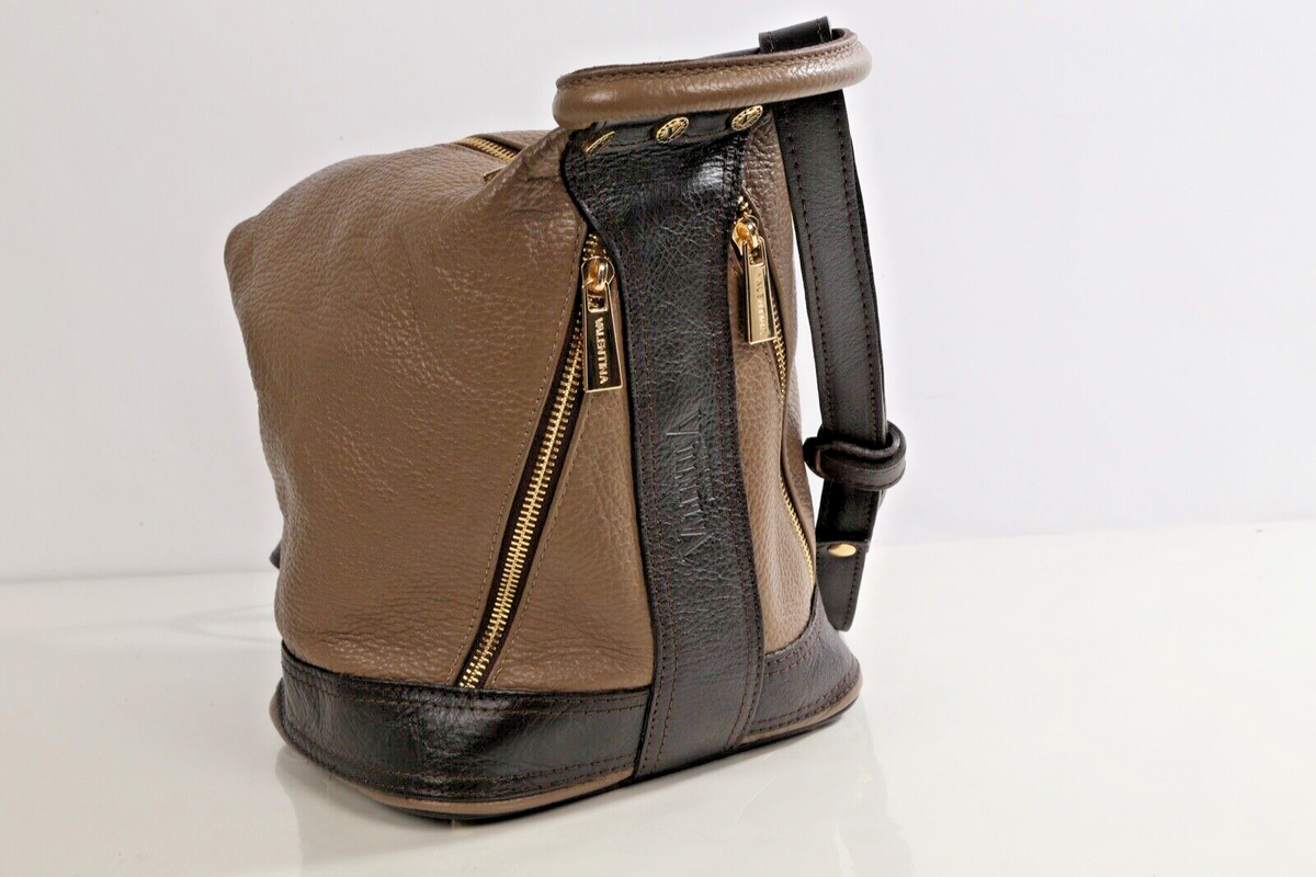 Valentina Backpack Shoulder Bag Beige Brown Pebbled Italian 