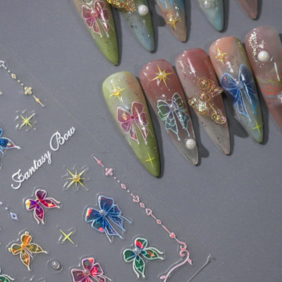 Colorful Bow Nail Stickers, Pearls Nail Decals, Nails Art Stickers (371)