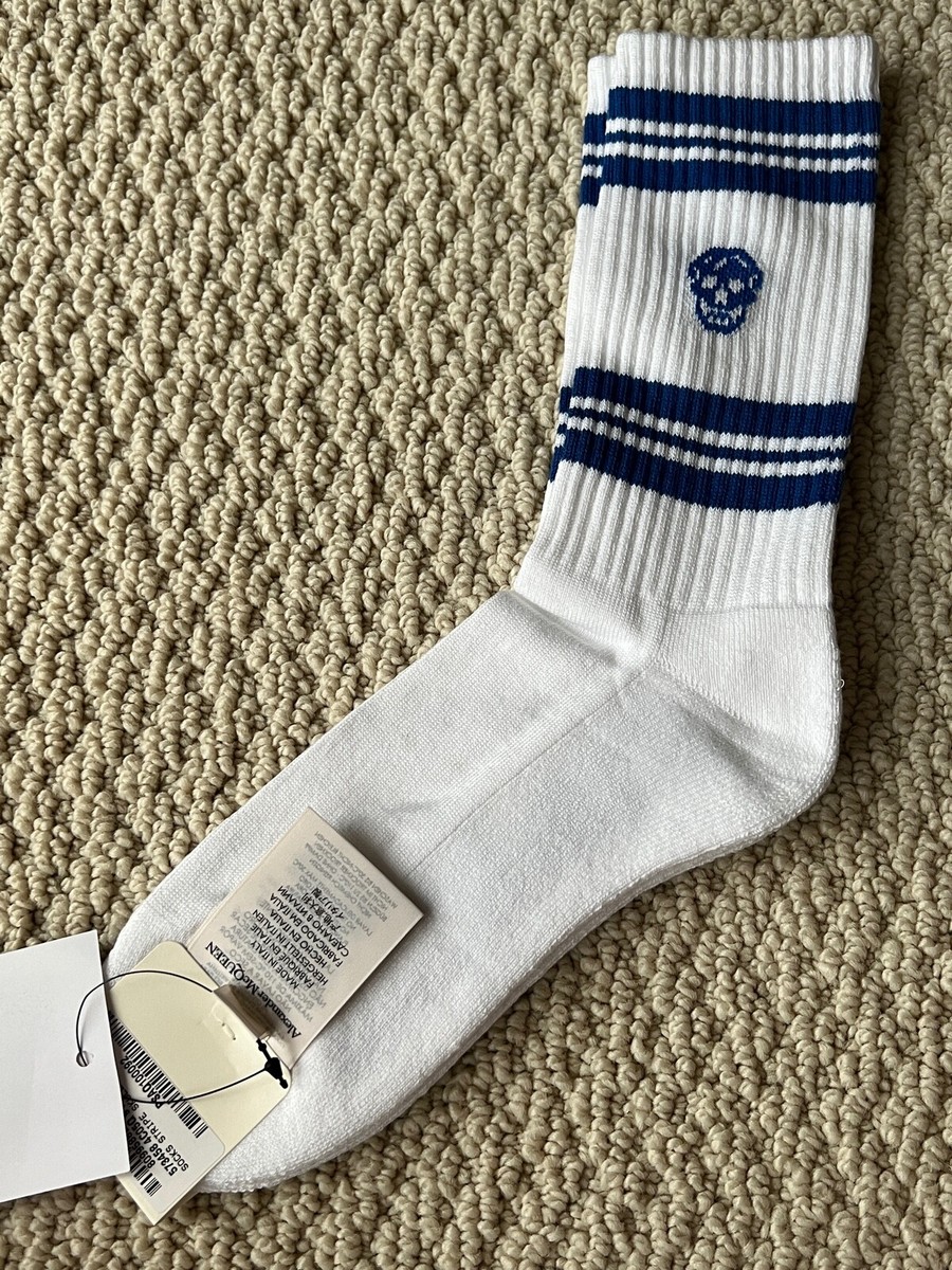 NWT Alexander McQueen Logo Skull Stripe White Blue Stretch