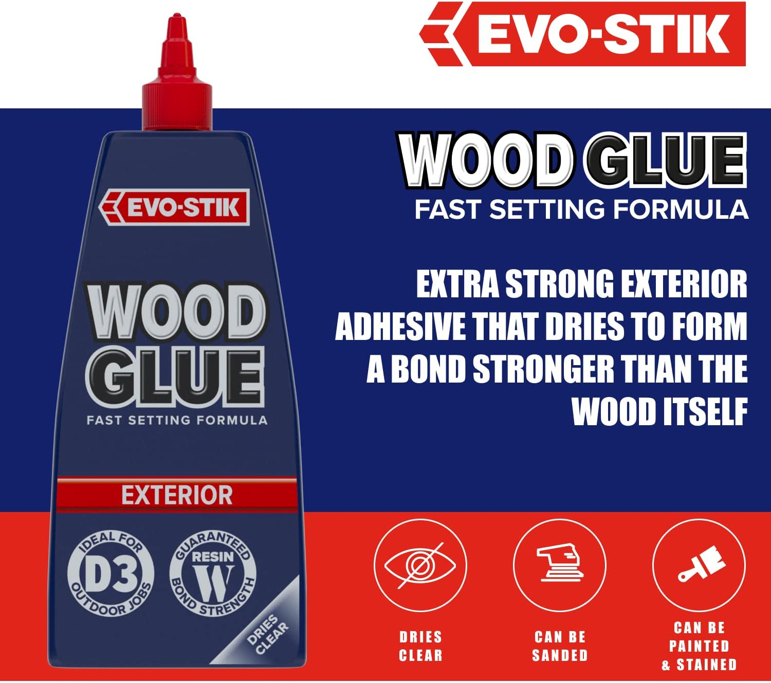 EVOSTIK Exterior Wood Glue 500Ml D3, Weatherproof, Extra Strong, Fast