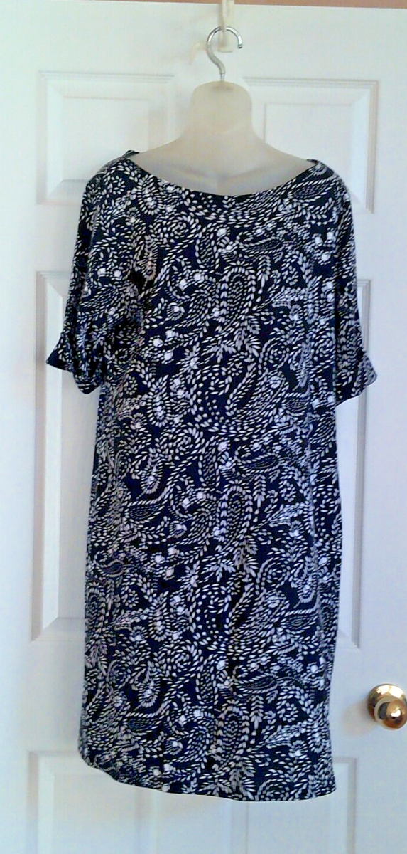 Karen Scott Knit Dress L Paisley Print Black White Short Cuff Sleeve