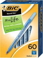 BIC Round Stic Xtra Life Ballpoint Blue Ink 1mm Medium 60/Box (GSM609-BE)