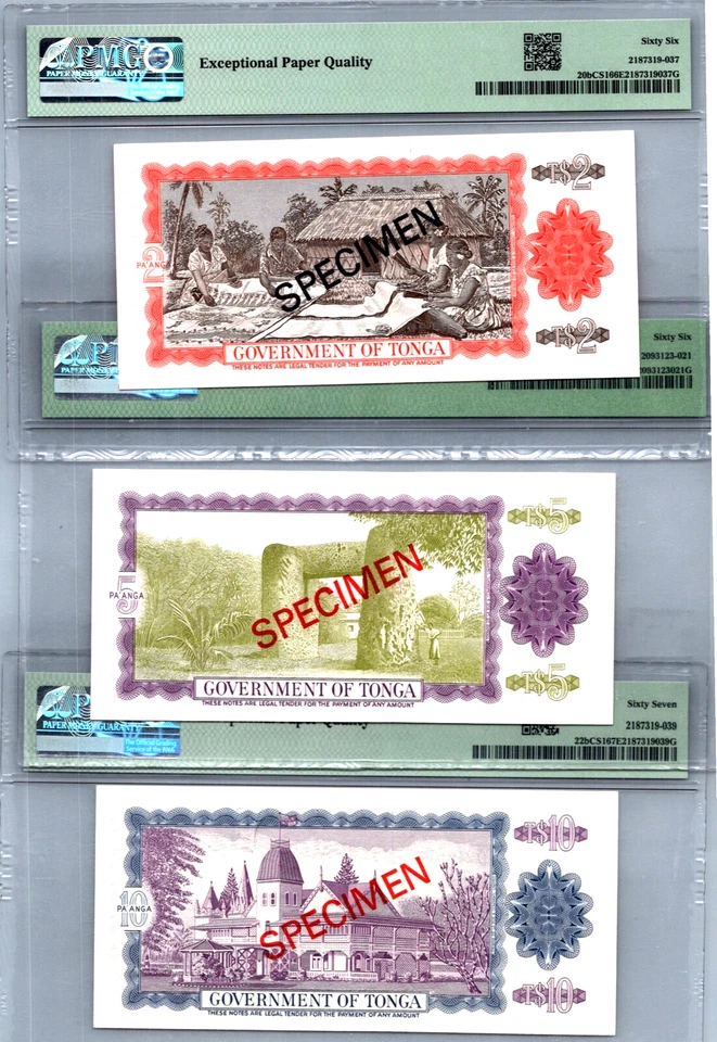 Tonga 3 Piece 1978 Specimen 2-10 Pa'anga Set PMG Graded GEM UNC EPQ - Image 2 of 3