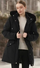 NWT Moerdeng Women's Long Fleece Lined Parka Puffer Coat Faux Fur Hood Sz L