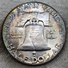 1954 Franklin Half Dollar UNC BU FBL : Full Bell Lines, Rainbow Tone - .9 Fine