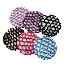 6PCS Crochet Bun Cover Snood Hair Net Rhinestone Decor Colorful Knit Mesh Fabric