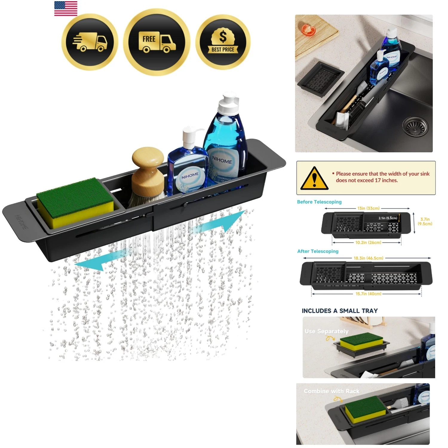 Extendable Over Sink Kitchen Organizer, Small Telescopic Brush Storage Rack f...
Opens in a new wind