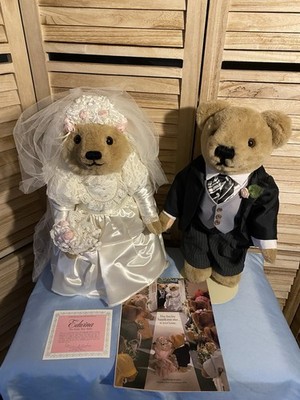 1987 Vintage Franklin Mint Bride & Groom Wedding Teddy Bears Winston & Edwina