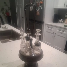 Antique Etched Glass 5 Piece Cruet Condiment Set Lazy Susan 