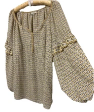 Max Studio Top L Yellow Floral Balloon Sleeve Boho Silky Shirt Blouse Size Large