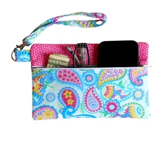 Blue Paisley Phone Wristlet, Converts to Clutch, Handmade,  Lined  Zipper Pouch