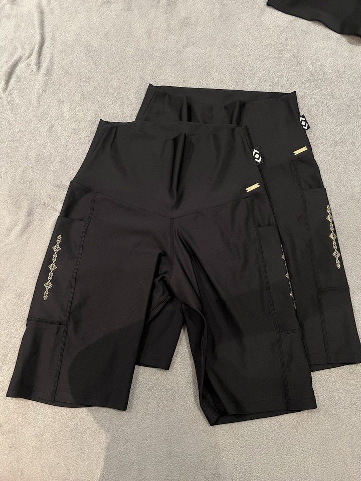 2 Pairs Exoticathletica Black Women’s Bike Shorts Compression Waist Pockets Sz L