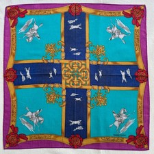 Vintage Equestrian Handkerchief Horse Blue Gold Ornate Print Cotton Hanky 17" G