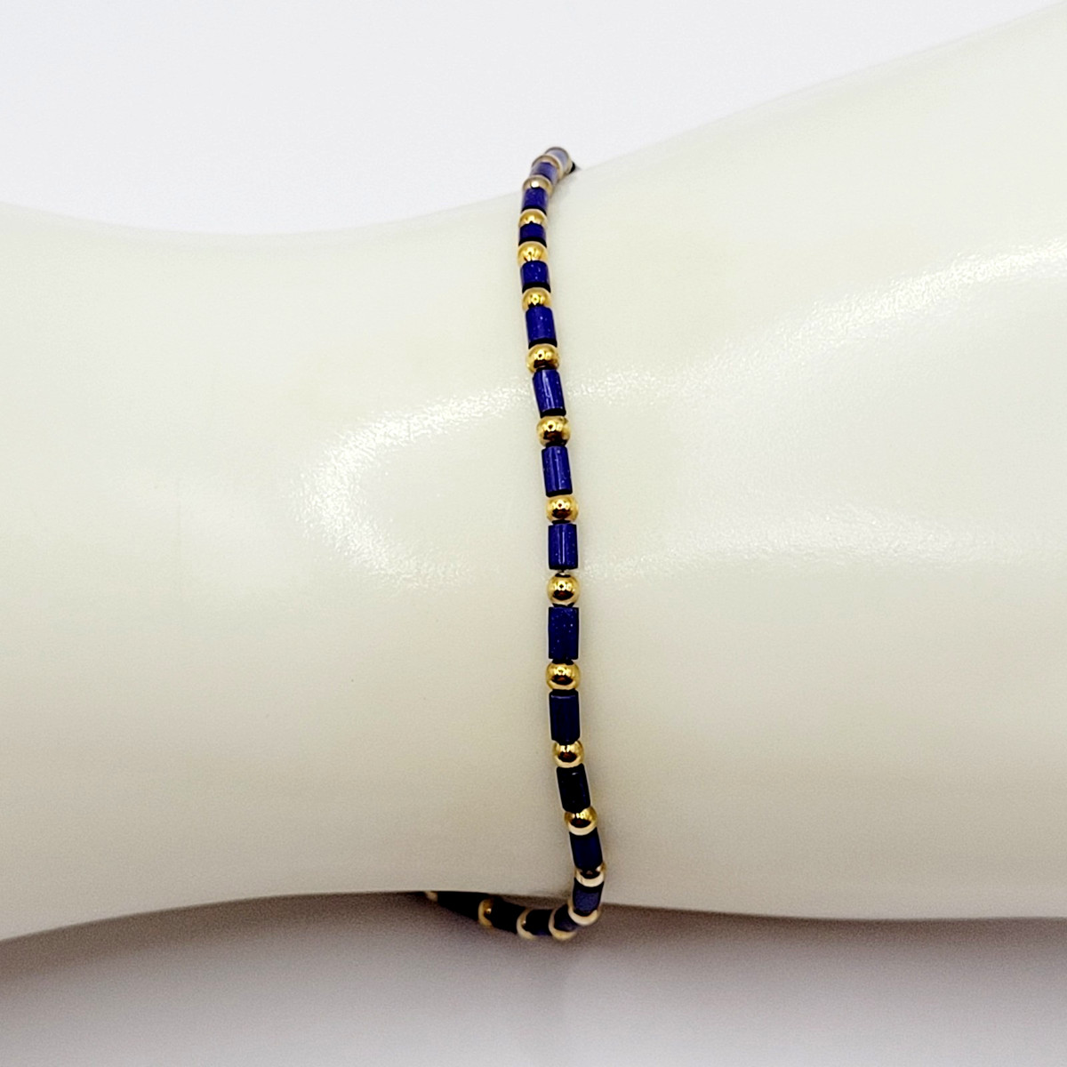 Dainty Lapis Lazuli Tube with Gold Tone Bead Minimalist Sumerian Style Bracelet View 3