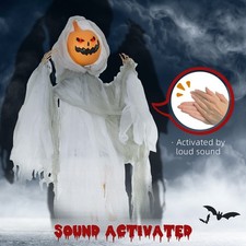 47" Halloween Hanging Pumpkin Ghost Holding Pumpkin Ghost with Red Light