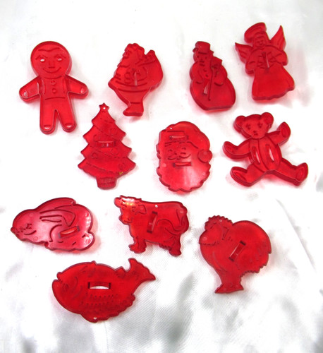 Vintage Christmas Cookie Cutters w/ handles HRM Red Plastic Set of 11