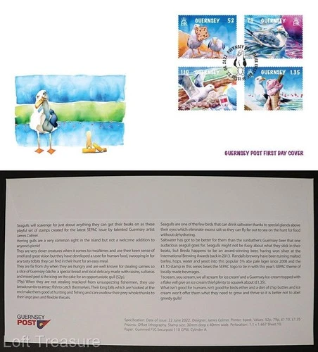 Guernsey Stamps: "SEPAC Guernsey Seagull Mischief" 4 Value First Day Cover 2022