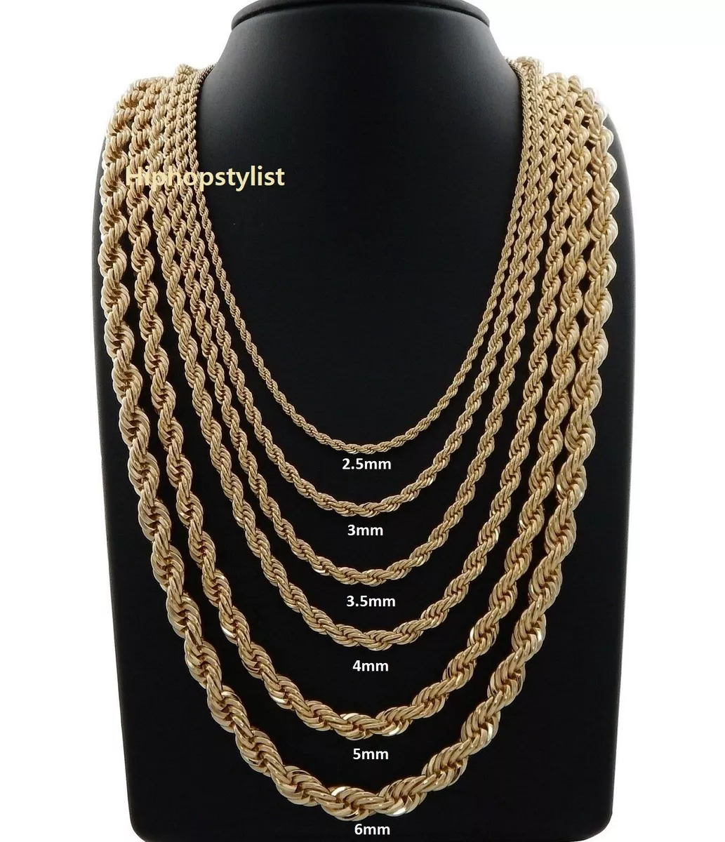 Mens Rope Chain Necklace Bracelet 2mm to 6mm 14k Gold Plated 8, 9