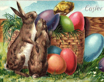 C1910 Tuck's Anthropomorphic Bunny Rabbit Egg Basket Easter Vtg/Antique Card
