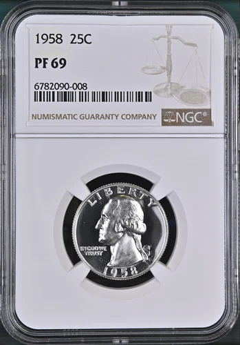:1958-P S25C WASHINGTON-QUARTER NGC PF-69 (SEMI-CAMEO) LOW-POP R3 HIGHEST-GRADES