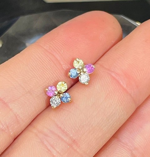 3mm Round Lab-Created Rainbow Sapphire Flower Stud Earrings 14K White Gold Over - Picture 2 of 6