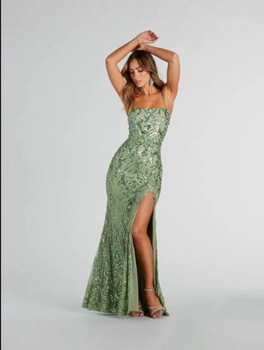 Damen Sexy Spaghettiträger Pailletten Schlitz Meerjungfrau Abendkleid Cocktail Abschlussball 0718 - Bild 6 von 6
