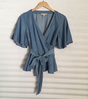 LOFT Women's Chambray Wrap Short Flutter Sleeved Top Belt Size S