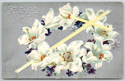 Postcard A Joyful Easter Cross White Lilies Blooms Unposted