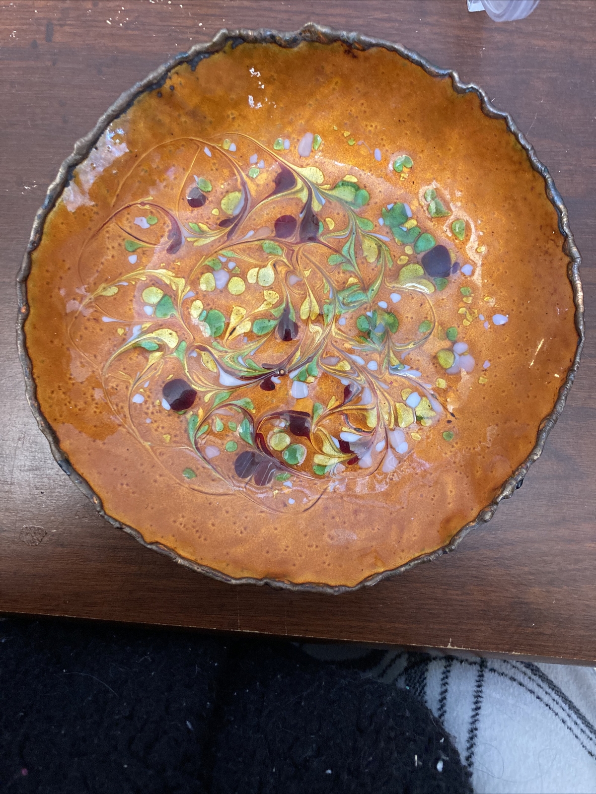 Vtg Handcrafted Enamel Copper Artisan Op Art Vessel Plate Dish Bowl Mcm