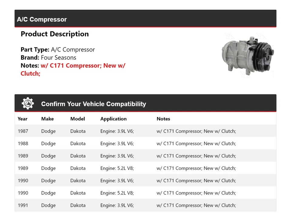 Compresor de aire acondicionado para Dodge Dakota 1987-1991 4 estaciones 1988 1989 1990 Foto 2 de 4