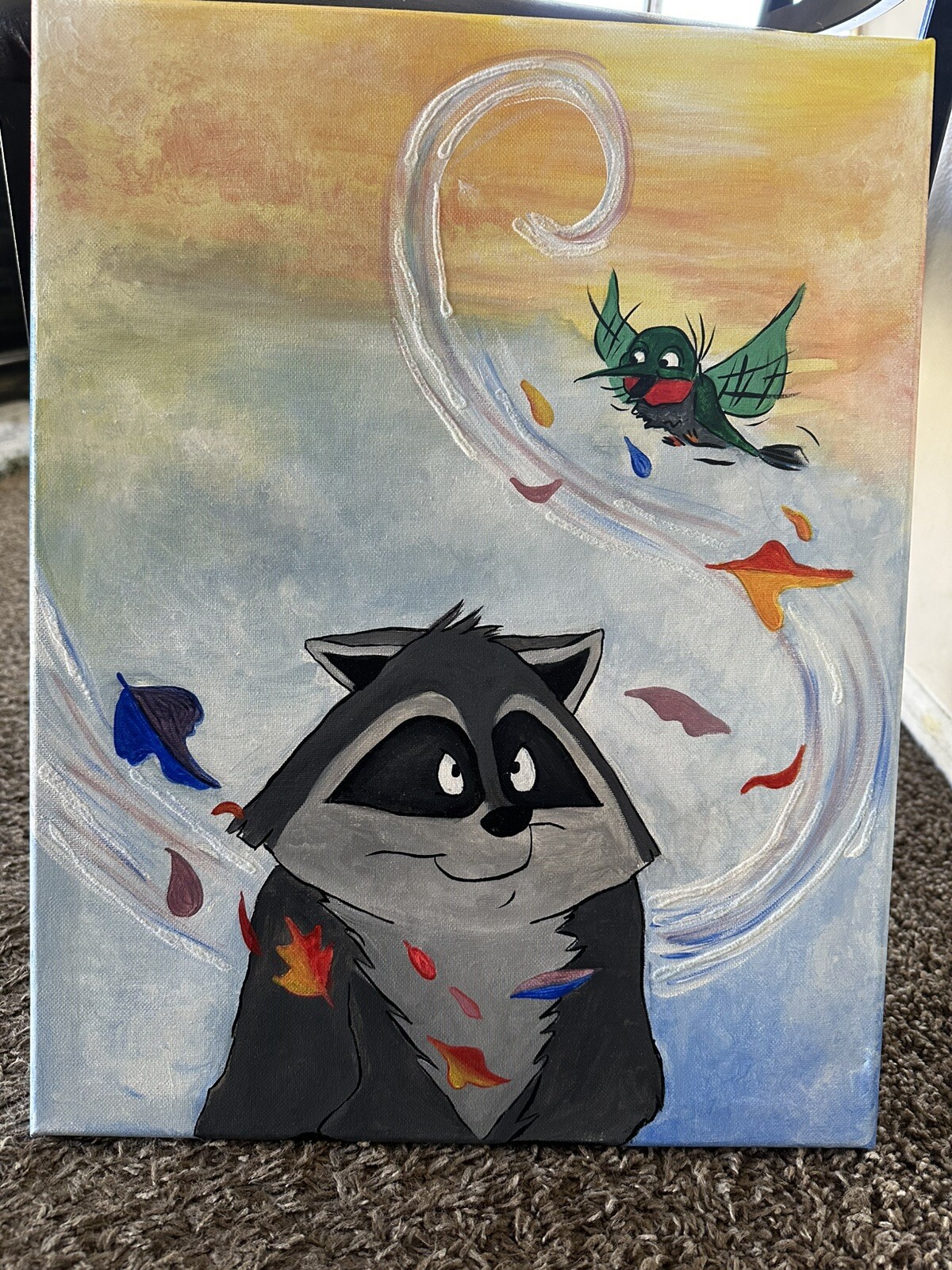 Pocahontas Original Painting, Meeko And Flit 14inX18in Canvas