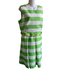 Madison Leigh Lime Green & White Stripe Sleeveless Dress A-Line Woman 16 NWT!