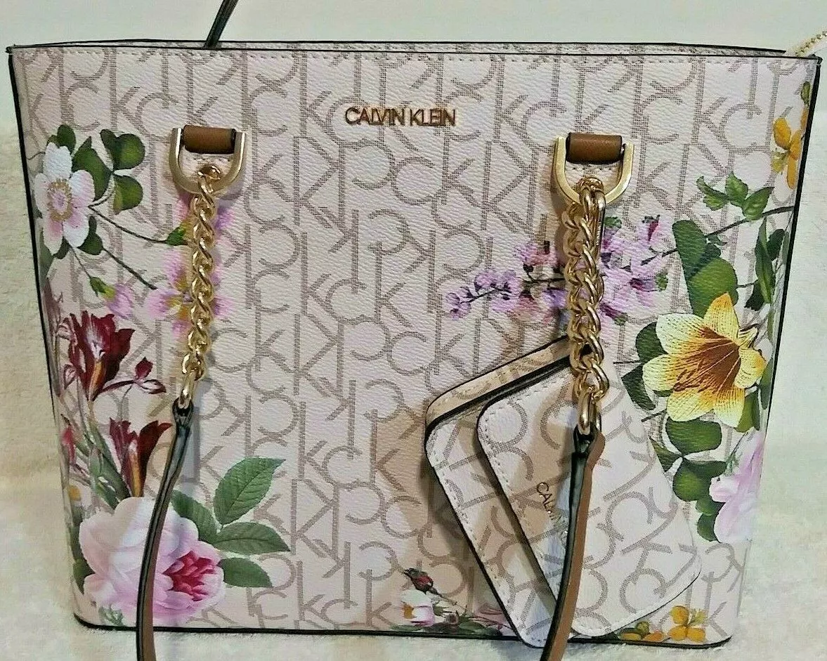 NEW CALVIN KLEIN TOTE 2 IN 1 (CARD CASE) VANILLA MULTI , FLORAL, CHAIN DETAIL