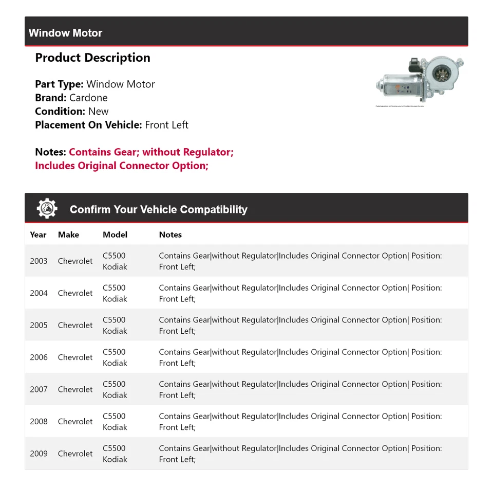 Para Chevrolet C5500 Kodiak 2003-2009 Ventana Motor Delantero Izquierdo Cardone 2004 2005 Foto 2 de 4